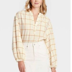 A New Day windowpane yellow balloon sleeve blouse M